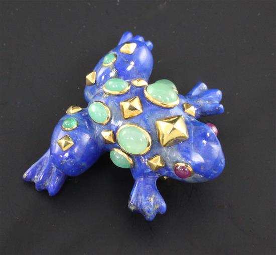 A Seaman Schepps 18ct gold mounted gem set lapis lazuli frog brooch, 1.75in.